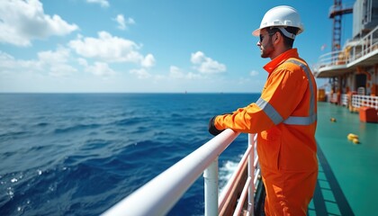 Worker in orange safety suit and helmet stands on ship deck, gazing at the blue ocean under a clear sky. Maritime worker on vessel, peaceful seascape, distant horizon.