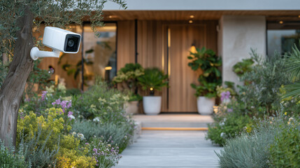 Discreet wall-mounted surveillance camera angled toward pathway leading to a contemporary front door with potted plants