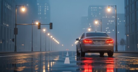 Obraz premium Car driving away on a foggy city street at night.