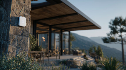 Obraz premium Outdoor home security device installed under overhang, monitoring main entrance with geometric modern design elements