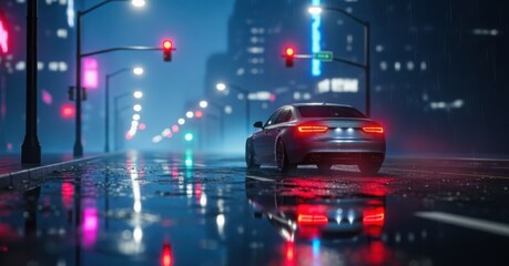 Fototapeta premium Car driving on a wet city street at night with neon light reflections.