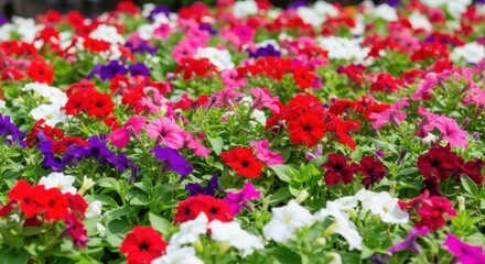 Colorful bed of red, pink, and white petunia flowers in a garden.