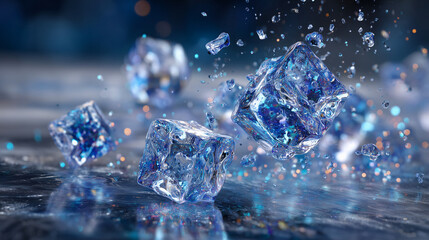 High-speed capture of exploding ice cubes breaking into tiny crystal fragments, reflections glowing on dark glossy frozen surface