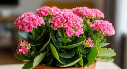 Pink Kalanchoe houseplant blooming in a terracotta pot.
