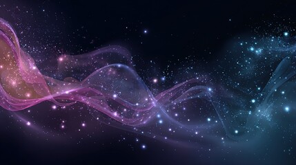 Abstract cosmic design features flowing ribbons in purple and blue hues, speckled with tiny stars