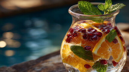 Fototapeta premium Close-up of glass bottle infused with orange slices, mint, and pomegranate seeds, radiant colors glowing through the crystal-clear water