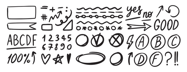 Grading hand drawn doodle set elements for school. Knowledge testing marks. grades results, frame accent line, plus and minus signs, check mark and cross mark, underlines, arrows. 