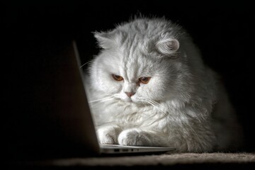 Anthropomorphic cat's nighttime laptop tale. Cat expression. Reshaping the data landscape with futuristic spatial interfaces. Next-gen data tools. Cat exploration.