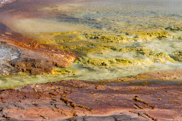 Excelsior Geyser Crater, Midway Geyser Basin Trail. Yellowstone National Park , Wyoming. Hydrothermal System.  Extremophile. hot-spring deposits

