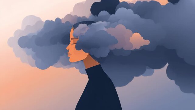 Mental health video of surreal line art of woman with dark clouds, symbolising depression and anxiety