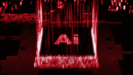 Red glowing AI microchip, processor for futuristic technology, data analysis, business, scientific and financial presentations 3d render.