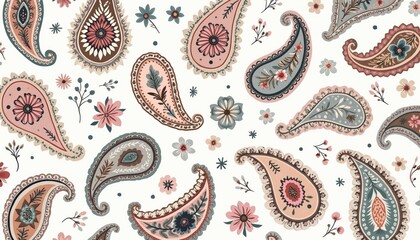 Naklejka premium Seamless paisley pattern fills white background. Vintage floral designs in soft pink, blue, brown hues spread across canvas. Small decorative flowers, leaves add to overall artistic motif. Classic