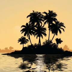 Obraz premium Silhouette of a tropical island with palm trees against a warm golden sunset over the ocean