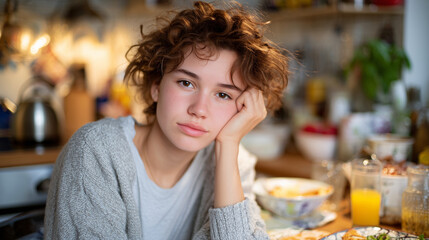 Close-up of a fatigued woman propping her head with her hand, kitchen table with breakfast items scattered, soft ambient morning glow