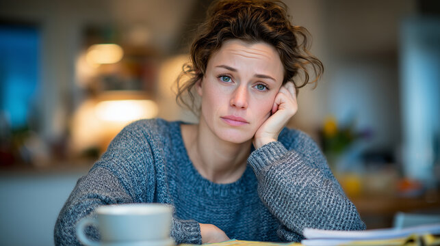Close-up emotional scene of a woman leaning on her hand at the kitchen table, tired expression, coffee cup and notebook partially blurred in foreground - Powered by Adobe