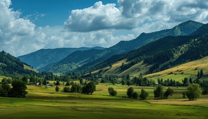 Fototapeta premium Stunning Summer Scene: Lush Meadows, Tree-Filled Fields, And Rolling Hills Framed By Majestic Mountains. A Breathtaking Panorama To Behold!