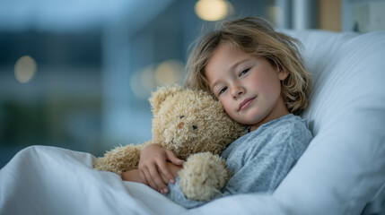 Little girl patient hugging a worn teddy bear on hospital bed, gentle sunlight illuminating her face, hospital room softly in background