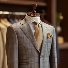 Elegant patterned suit displayed on a mannequin in a high end menswear boutique