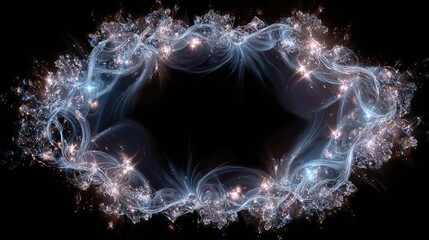 An oval-shaped frame of swirling ethereal blues, accented with scattered gold sparks, encircling black