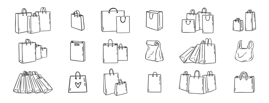 Shopping bags icons doodle hand drawn set. Paper shopping bags drawing line outline vector black Set