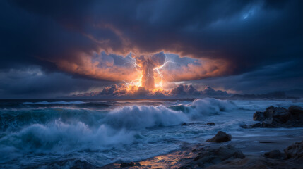 Naklejka premium Dynamic composition of mushroom cloud over water, fiery glow breaking through dark clouds, turbulent ocean foreground adding dramatic tension