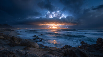 Fototapeta premium Dynamic composition of mushroom cloud over water, fiery glow breaking through dark clouds, turbulent ocean foreground adding dramatic tension