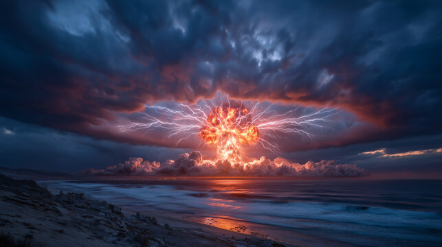Mushroom cloud ascending over ocean horizon, dramatic dark clouds and fiery glow in sky, realistic volumetric smoke and light reflections on water - Powered by Adobe