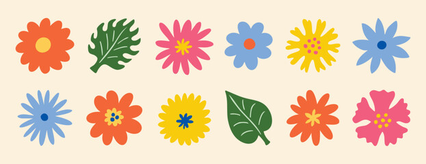 Naive daisy flowers clipart set with top view blooms and leaves. Hand drawn.