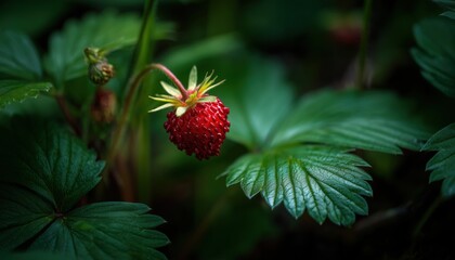 High-Quality Photo Of Wild Strawberry In Forest With Selective Focus Captured Beautifully In Nature. Exquisite Close-Up Shot Of Wild Berry.