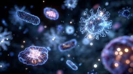 Obraz premium Advanced microscopic imaging of diverse microorganisms, glowing cellular structures, intricate bacteria forms, health research visualization, dark scientific lab background