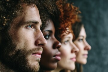 Diverse group of people in profile looking forward with hope and determination towards a brighter future