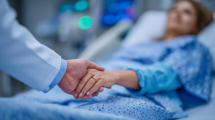 Fototapeta premium Doctor assessing patientâs progress, gentle touch on arm, calm hospital room environment, medical equipment softly visible in background, close-up view