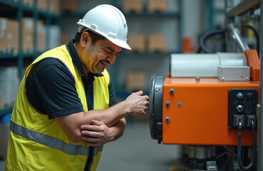 Industrial worker in hard hat and safety vest grimaces in pain holding injured arm near machinery. Accident victim suffers workplace injury after equipment malfunction in factory setting.