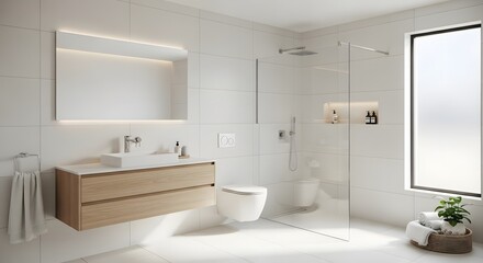 A modern bathroom with white tiles a wood vanity a toilet and a glass shower enclosure near a window