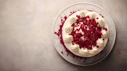 Red velvet cake top view on neutral background. Realistic HD photo dessert scene.