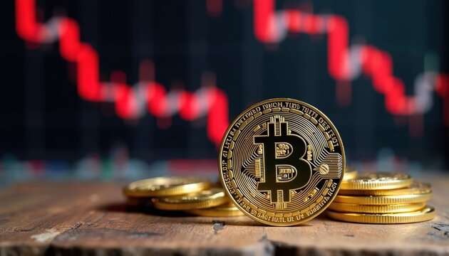 Golden bitcoin coin rests on wooden surface. Blurred red downward crypto chart in background. Digital currency investment risk, market loss, financial volatility and value decrease.