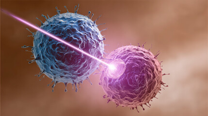 Two viruses are shown in the image, one of which is being destroyed by a laser