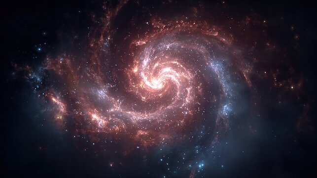 A vibrant, swirling spiral galaxy with glowing core, nebulous arms of red and blue hues set against cosmic darkness