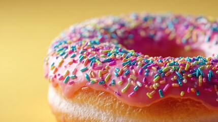 Delicious donut with pink frosting and colorful sprinkles on a vibrant yellow background perfect sweet treat indulgence