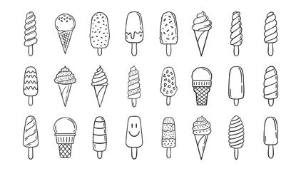  ice cream doodle hand drawn icon set. Outline drawing ice cream line clipart symbol collection
