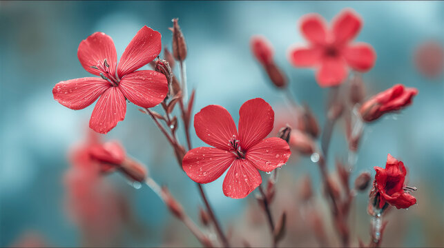 A close up of a bunch of red flowers with dew on them