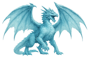 Ice dragon creature spreading wings on transparent background