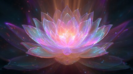 Fototapeta premium An ethereal, radiant lotus flower blossoms with layered translucent petals, glowing with soft pinks and purples
