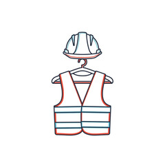 Safety vest and hard hat hanging on a hanger.