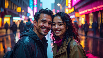 Smiling diverse couple poses directly at camera in a rainy, neon-lit city street. Reflections on wet pavement emphasize a dynamic urban atmosphere and youthful connection