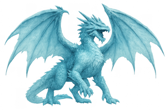 Ice dragon creature spreading wings on transparent background