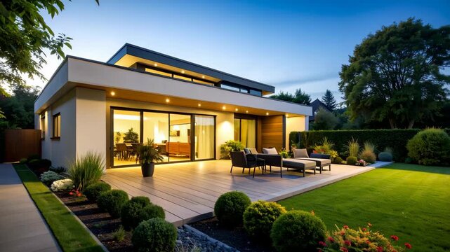 Modern single-family home exterior with a wooden deck and garden at dusk illuminated by warm interior and exterior lighting.