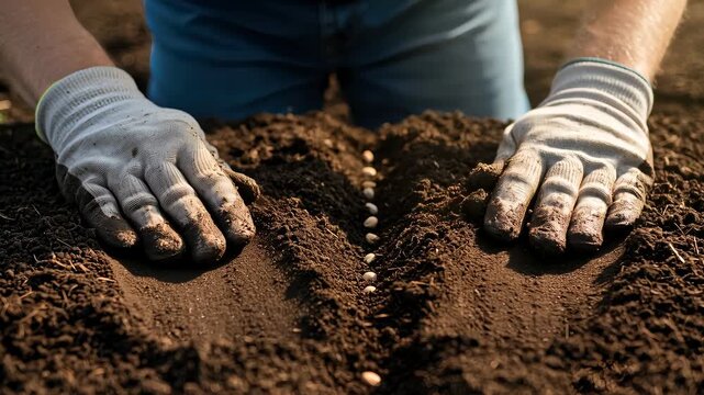 Man wearing gloves covering seeds in row of soil. Planting and cultivation process on farm field. Agricultural seeding footage.