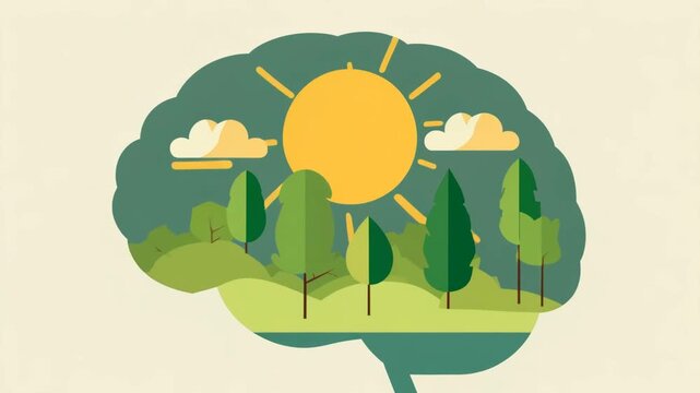 Wellness and positive mind video. Minimalist line art of brain as sunny landscape with trees and hills representing good mental health