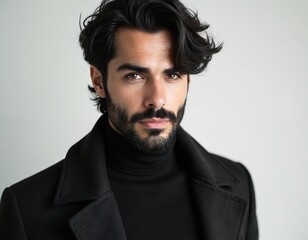 Obraz premium Dark haired man with beard and serious expression wears black turtleneck and coat against gray studio backdrop. Close up headshot shows confident male gaze, stylish attire, and attractive features.